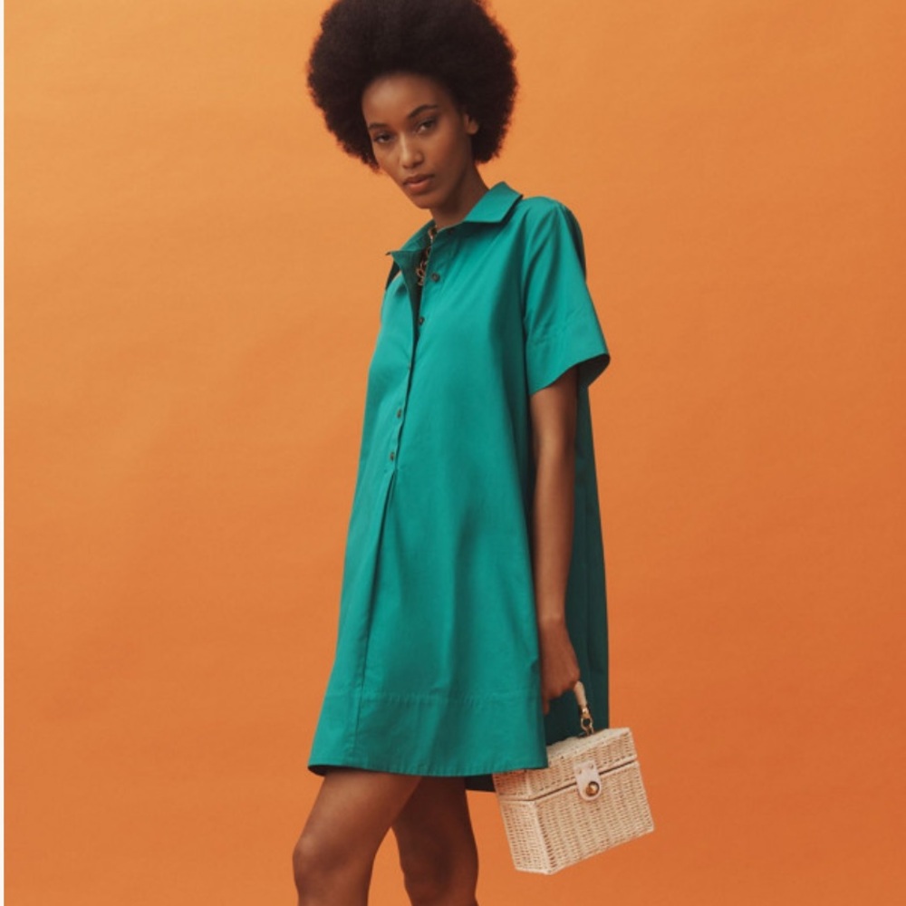 Anthropologie “Pollie” cotton poplin teal mini shirt-dress